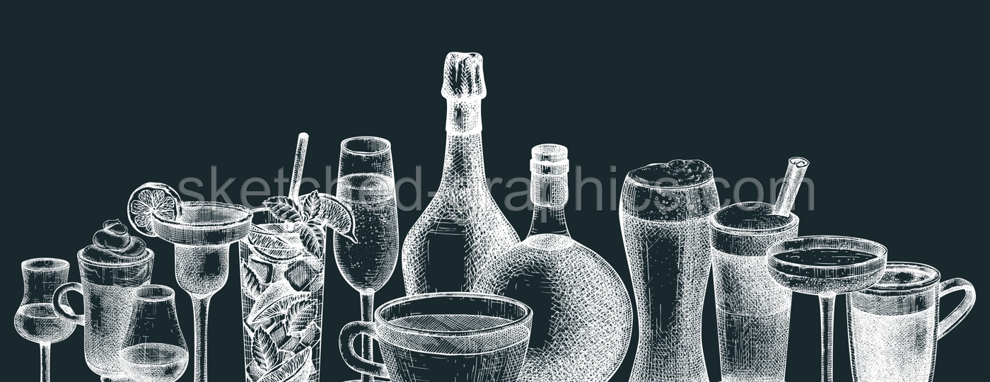 Hand-sketched drinks banner design. Vector sketches of popular beverages in elegant glasses. Popular drinks vintage hand-drawings. Bar or restaurant menu template isolated on chalkboard Illustration